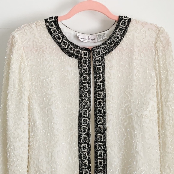 Vintage Ivory Black Sequined Beaded Embroidered Silk Dress Blazer Jacker Small - Picture 7 of 11